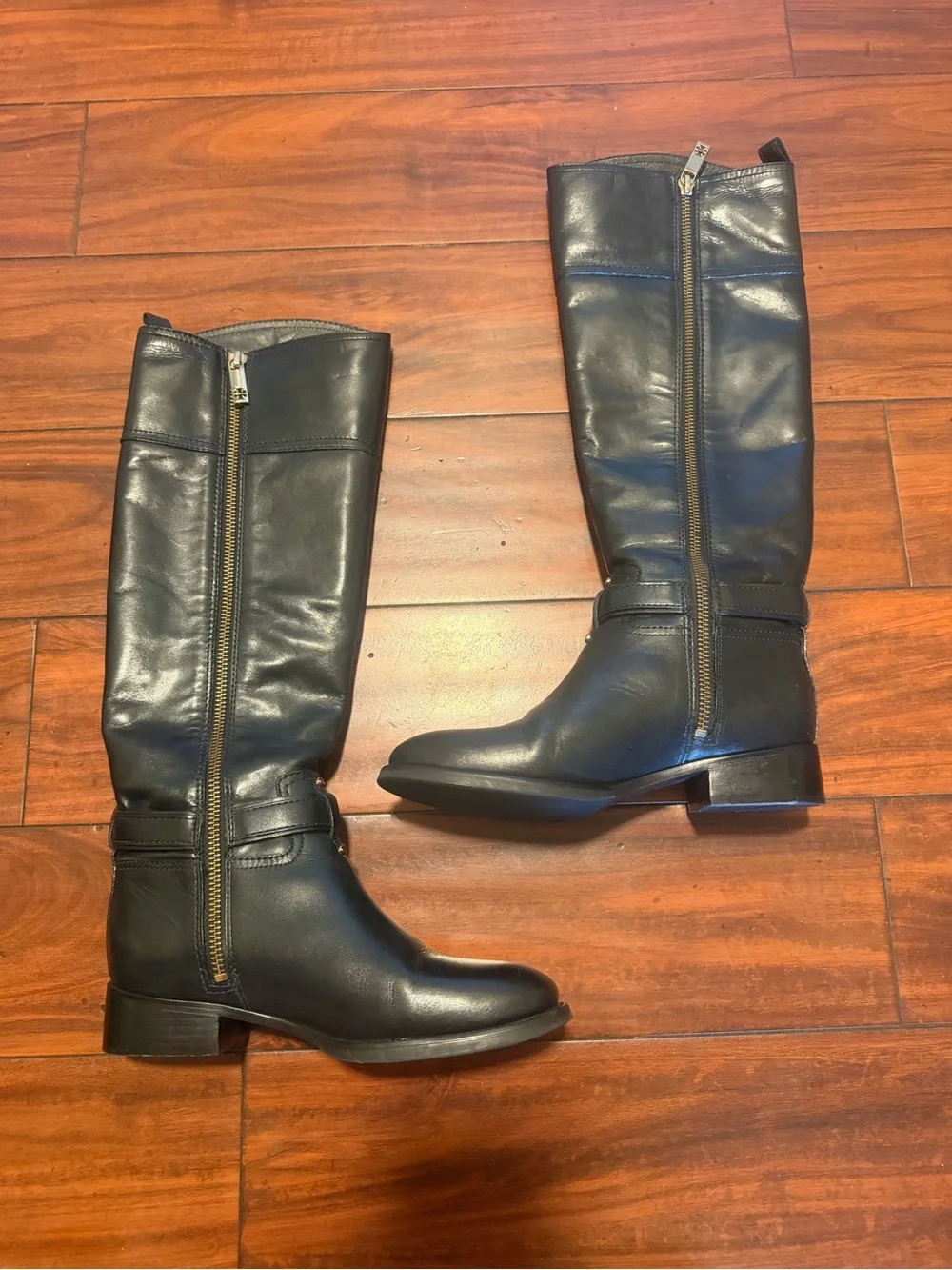 Tory Burch Black Leather Riding Boots with Gold Buckle - Picture 3 of 13